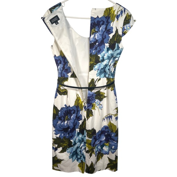 Adrianna Papell Dress Blue Floral Cotton Blend Belted Sheath Wedding Preppy Sz 6 - Picture 6 of 8